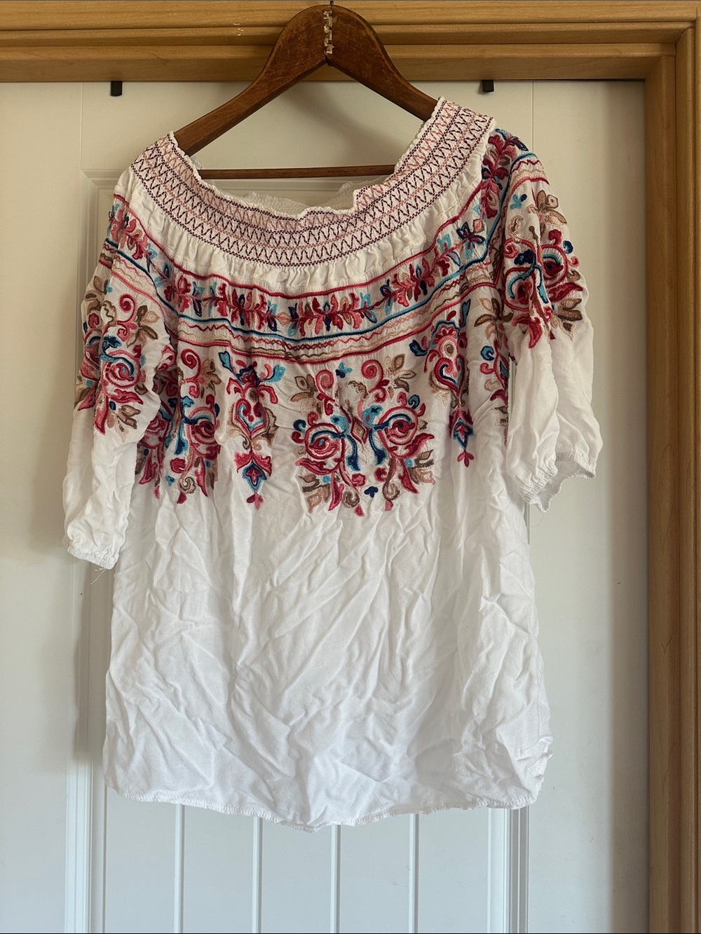White Embroidered Peasant Tunic with Pink and Blue Floral Detail